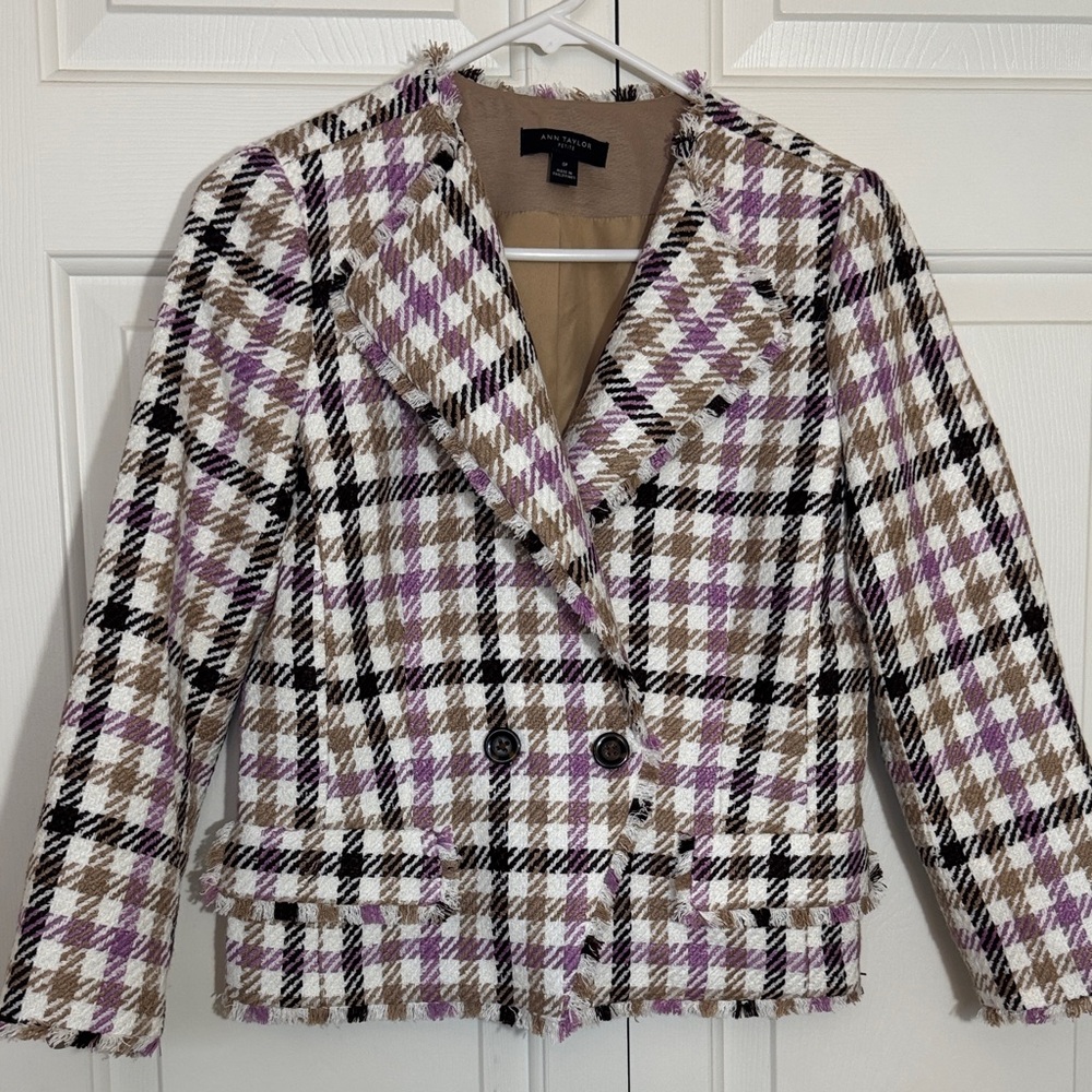 Ann Taylor Plaid/Tweed Double-Breasted Cropped Women's Blazer